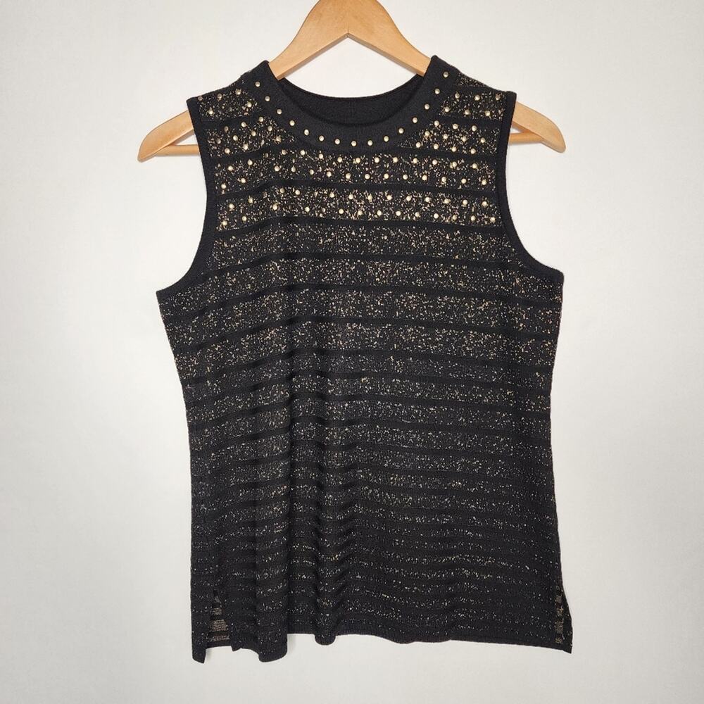 Ming Wang Black & Gold Metallic Stud Shell Sleeveless Top Size Small NWT